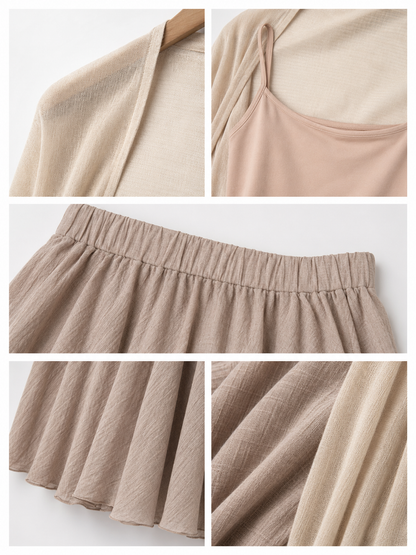 Soft Beige Three Piece Cardigan & Maxi Skirt Set
