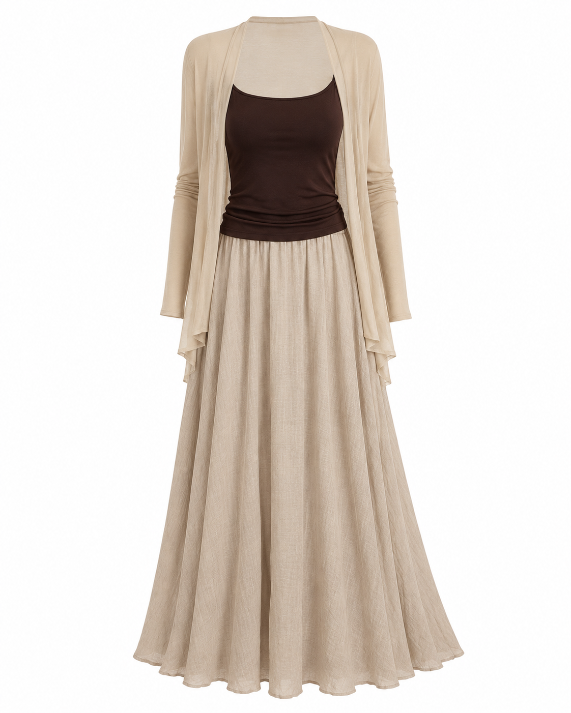 Soft Beige Three Piece Cardigan & Maxi Skirt Set