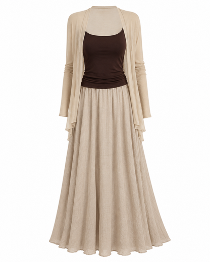 Soft Beige Three Piece Cardigan & Maxi Skirt Set