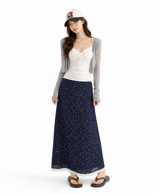 White Cami, Gray Bolero & Navy Floral Skirt Three-Piece Set