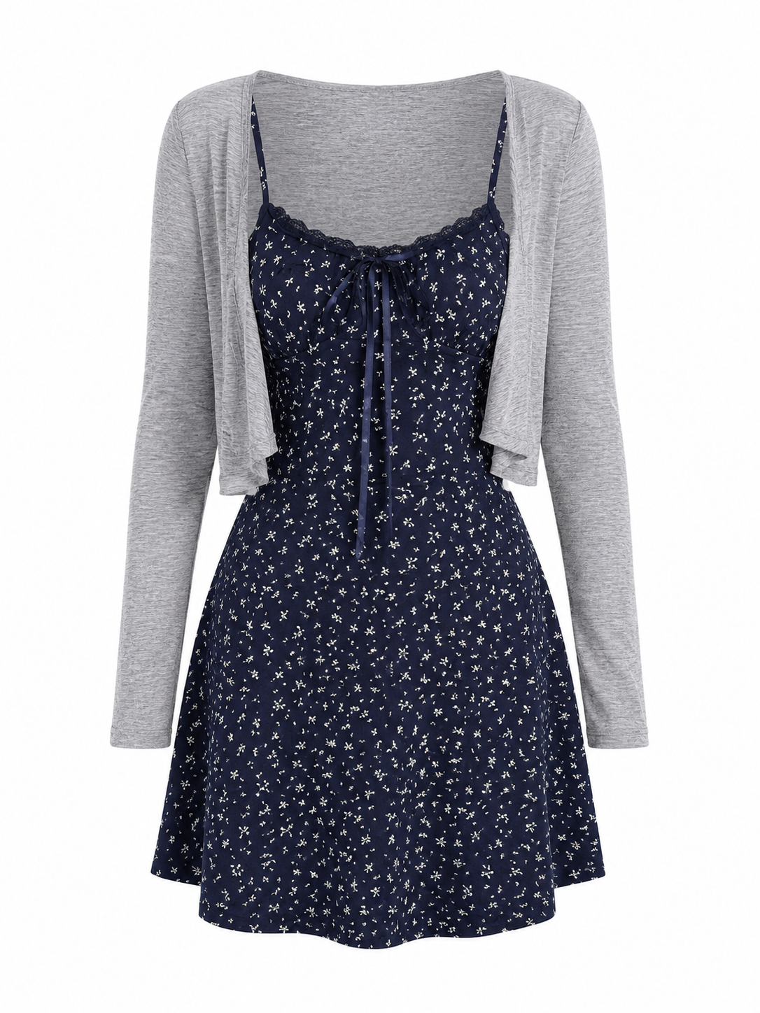 Navy Floral Cami Dress & Gray Bolero Set