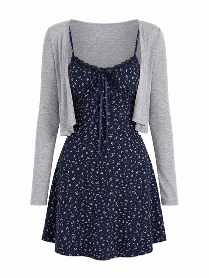 Navy Floral Cami Dress & Gray Bolero Set