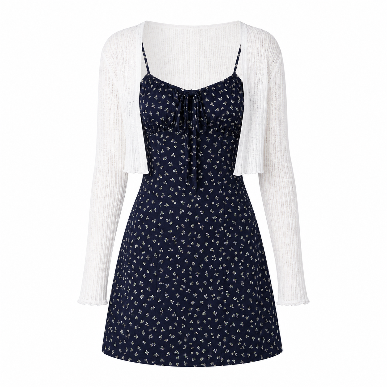 Navy Floral Cami Dress & White Knit Cardigan Set