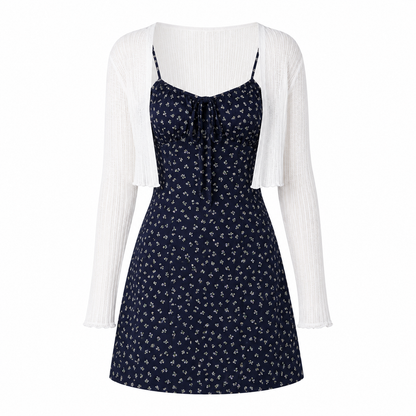 Navy Floral Cami Dress & White Knit Cardigan Set
