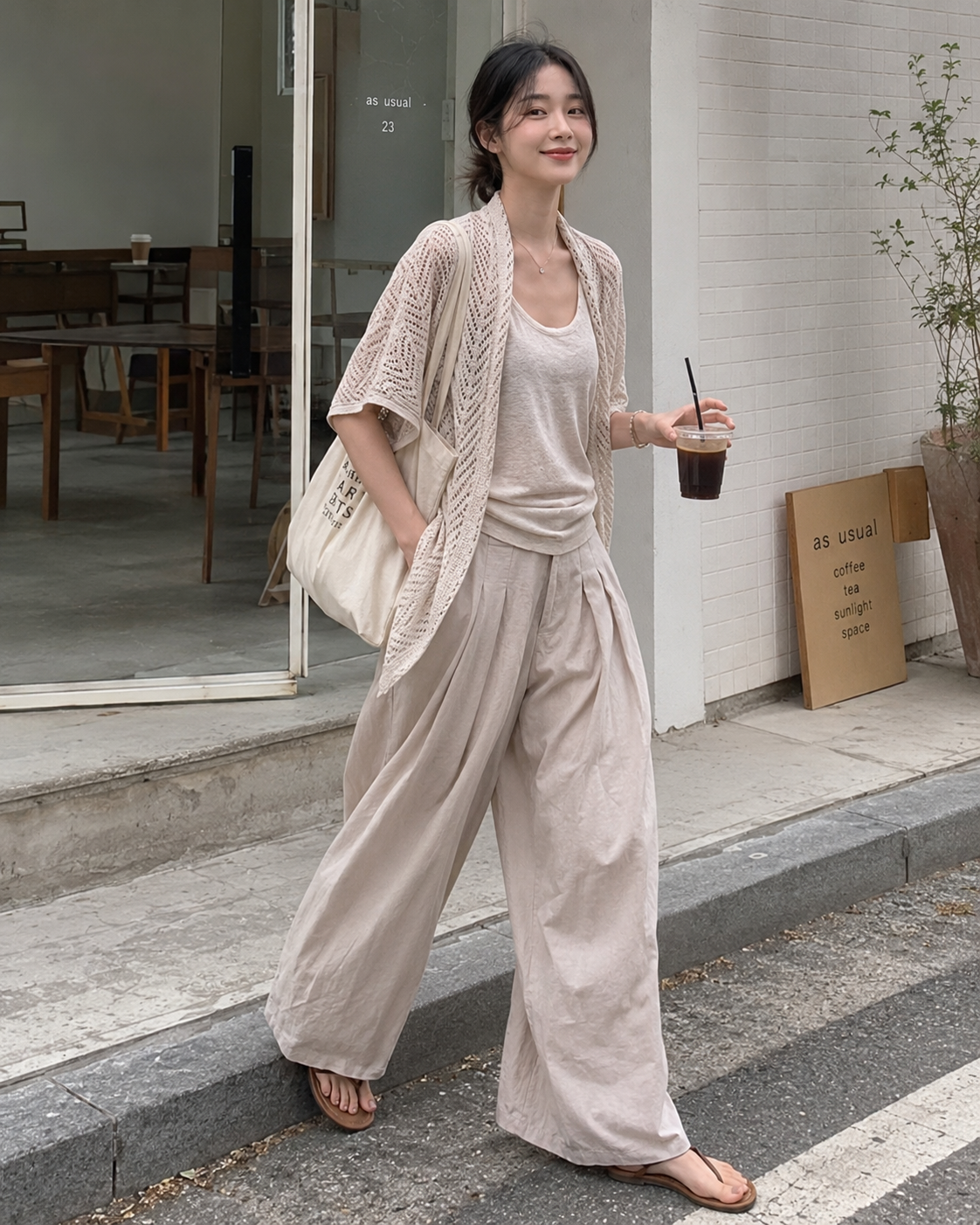 Beige French Layering Cardigan Two Piece