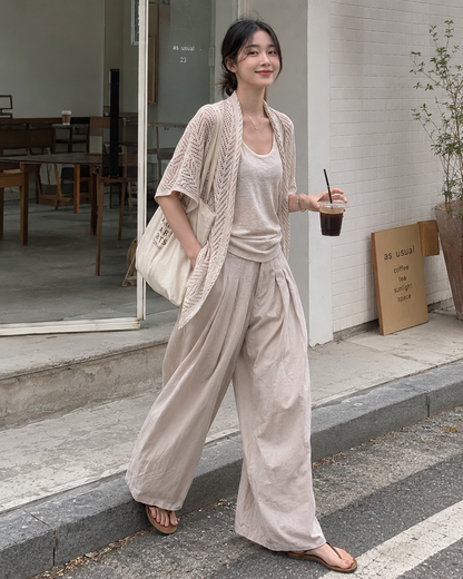 Beige French Layering Cardigan Two Piece