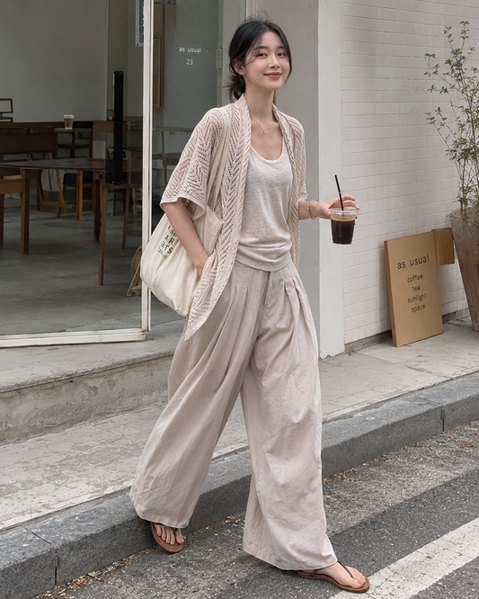 Beige French Layering Cardigan Two Piece