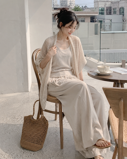 Beige French Layering Cardigan Two Piece