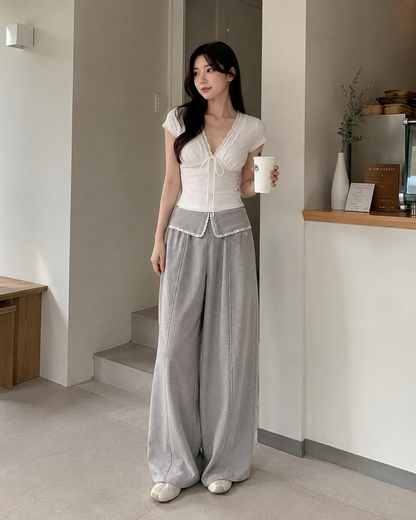 Soft Lace Tie-Front Wide Leg Pants Set