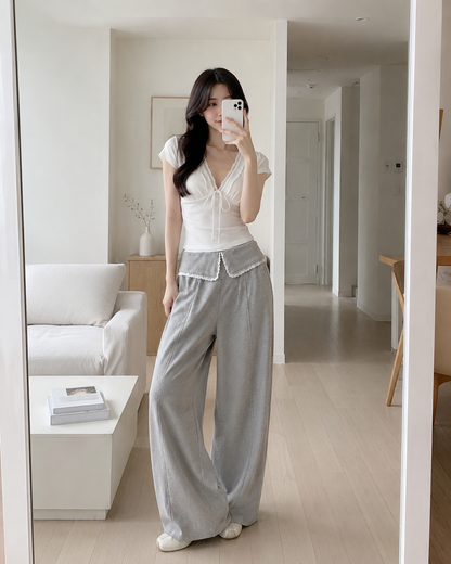 Soft Lace Tie-Front Wide Leg Pants Set