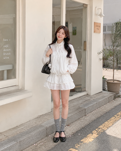 Cloud White Sun Protection Ribbon Ruffle Two Piece Set