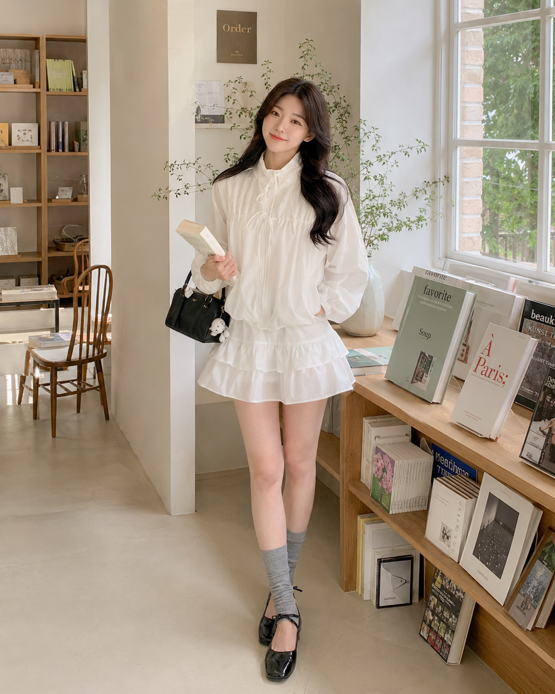Cloud White Sun Protection Ribbon Ruffle Two Piece Set