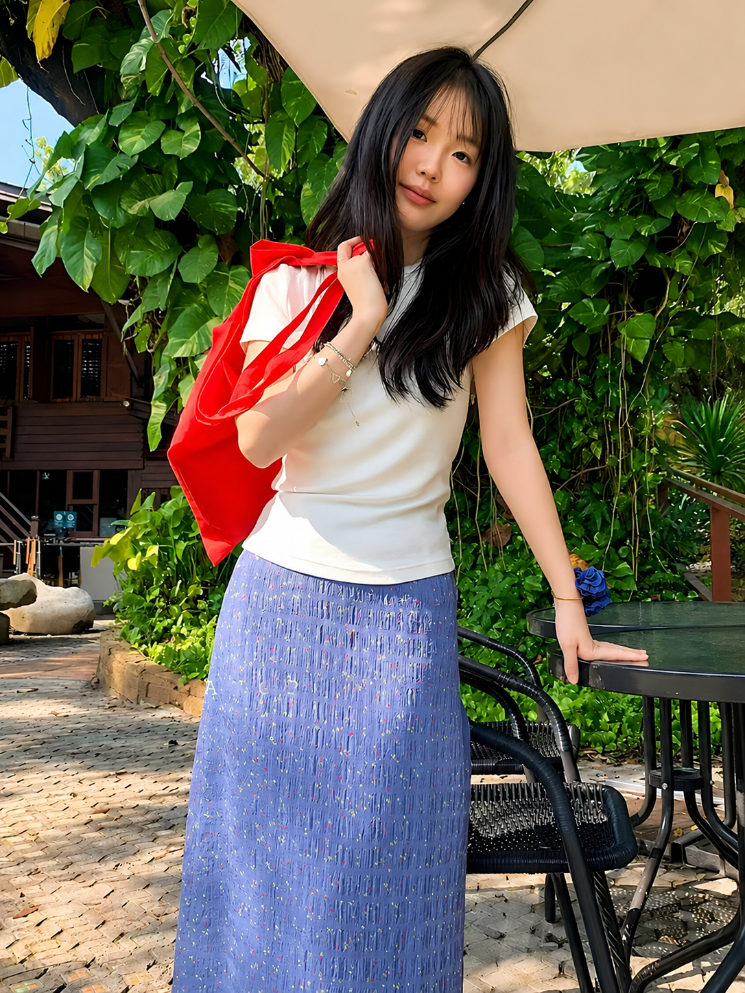 White Tee & Blue Floral Mesh Skirt Dress Set