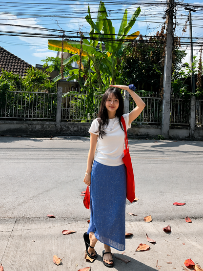 White Tee & Blue Floral Mesh Skirt Dress Set