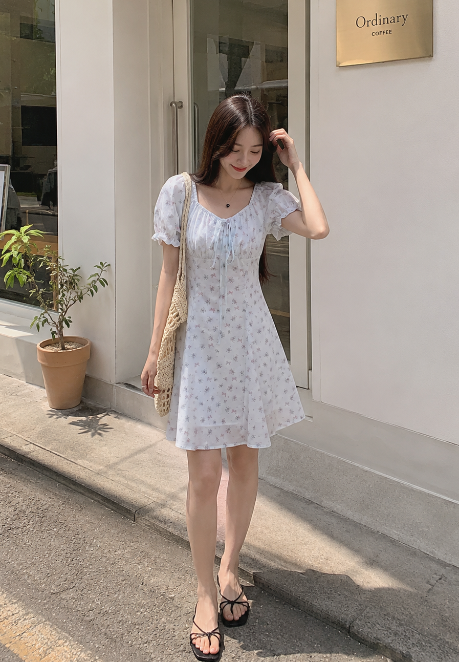 Soft Blossom Puff Sleeve Mini Dress
