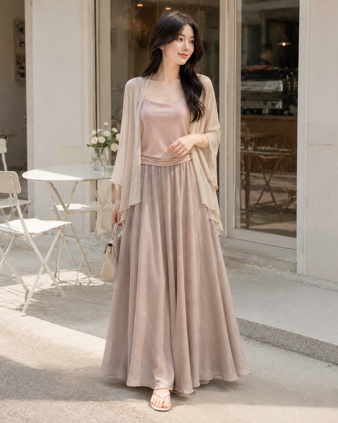 Soft Beige Three Piece Cardigan & Maxi Skirt Set