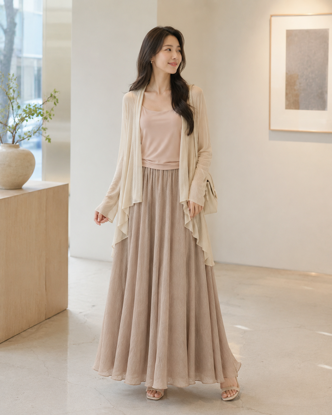 Soft Beige Three Piece Cardigan & Maxi Skirt Set