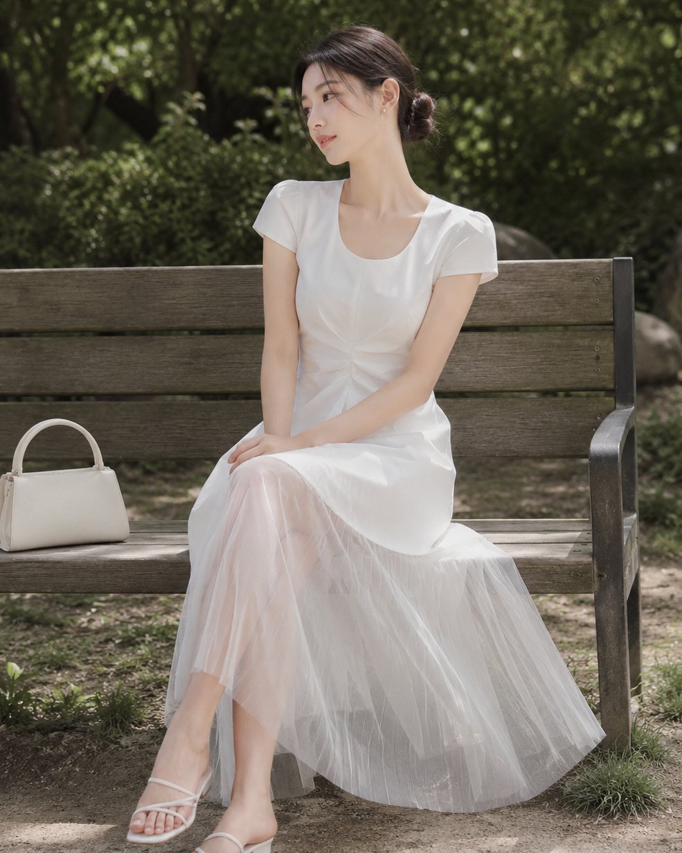 Soft White Asymmetric Tulle Midi Dress