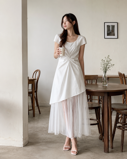 Soft White Asymmetric Tulle Midi Dress