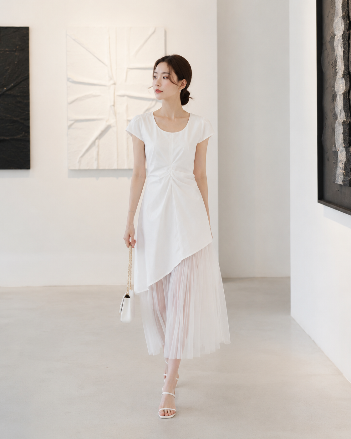 Soft White Asymmetric Tulle Midi Dress