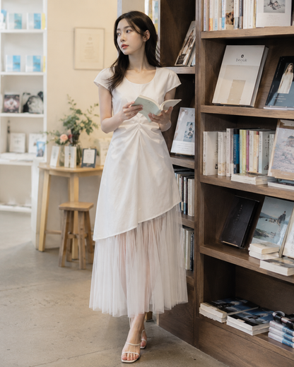 Soft White Asymmetric Tulle Midi Dress