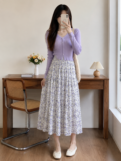 Korean Floral Tiered Midi Skirt