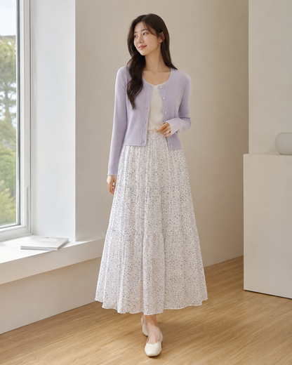 Korean Floral Tiered Midi Skirt