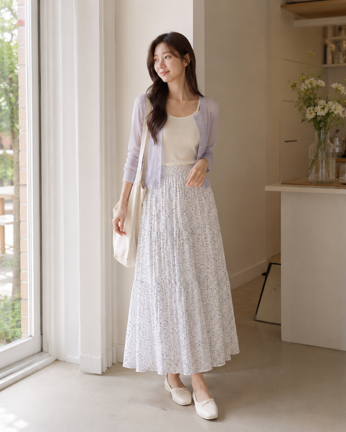 Korean Floral Tiered Midi Skirt