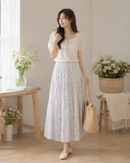Korean Floral Tiered Midi Skirt