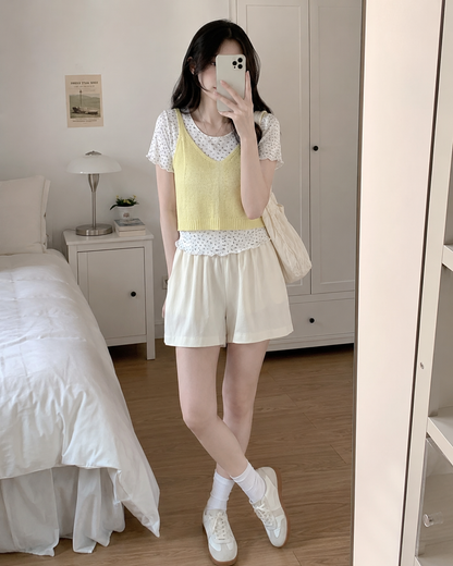 Korean Layered Floral Knit Cami 2-Piece Top Set
