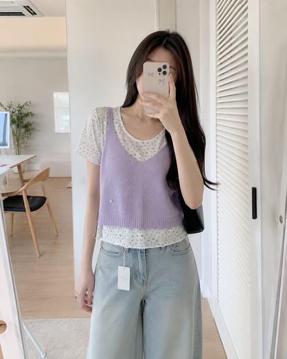 Korean Layered Floral Knit Cami 2-Piece Top Set