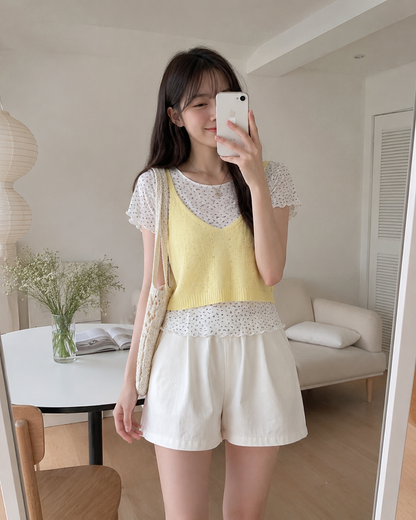 Korean Layered Floral Knit Cami 2-Piece Top Set