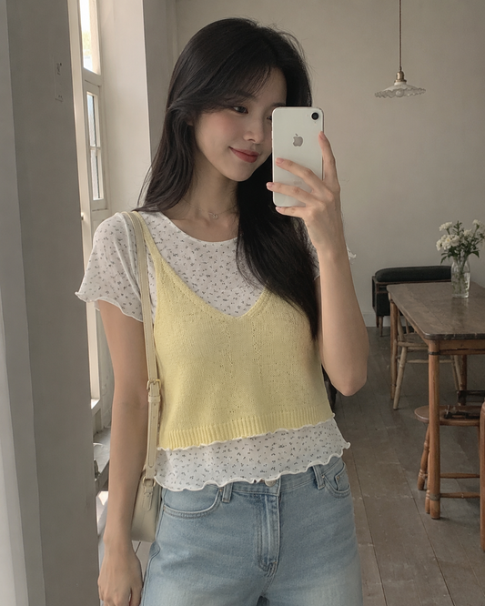Korean Layered Floral Knit Cami 2-Piece Top Set