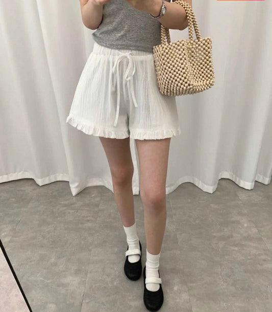 White Soft Ruffle Hem Summer Shorts