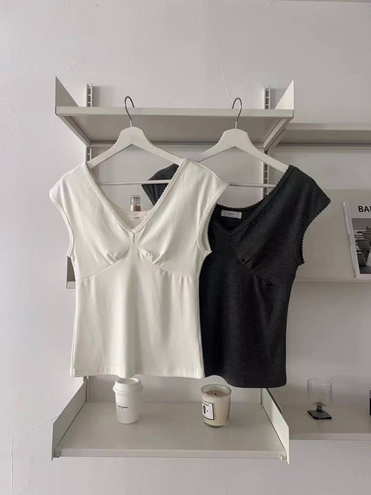 Beige Korean Casual V-Neck Top