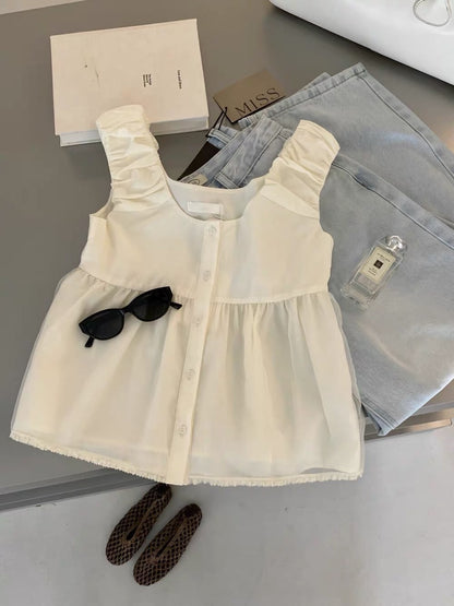 Feminine Ruffle Shoulder Blouse