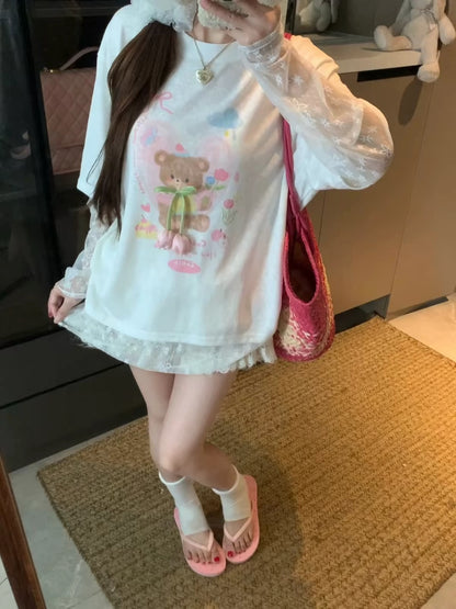 Bear Print Lace Sleeve Tee