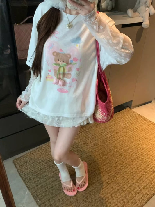 Bear Print Lace Sleeve Tee