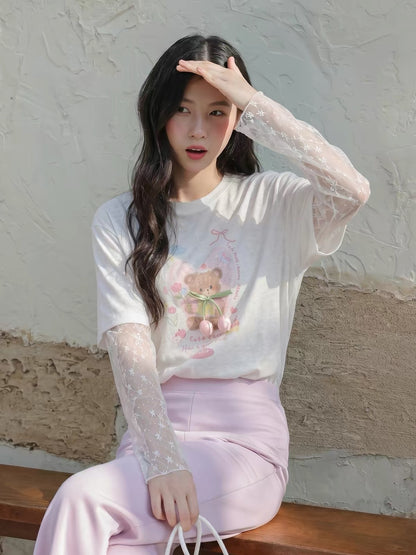 Bear Print Lace Sleeve Tee