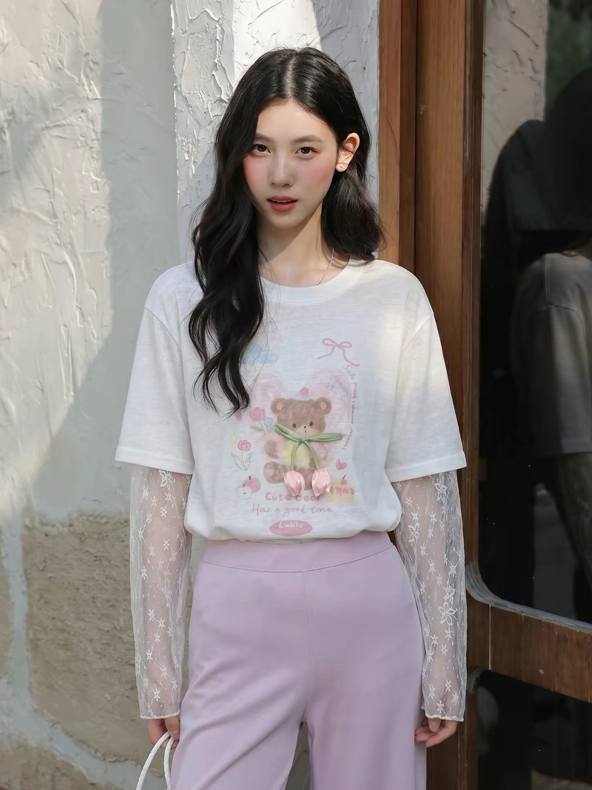 Bear Print Lace Sleeve Tee