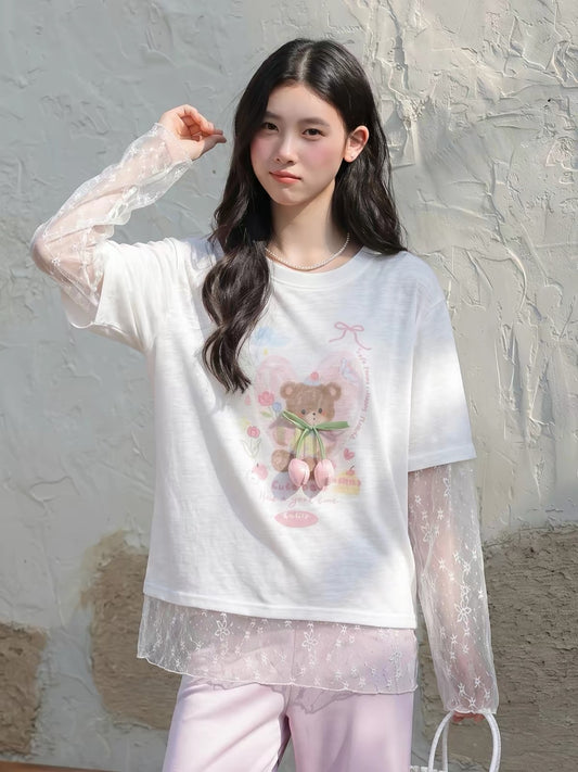 Bear Print Lace Sleeve Tee