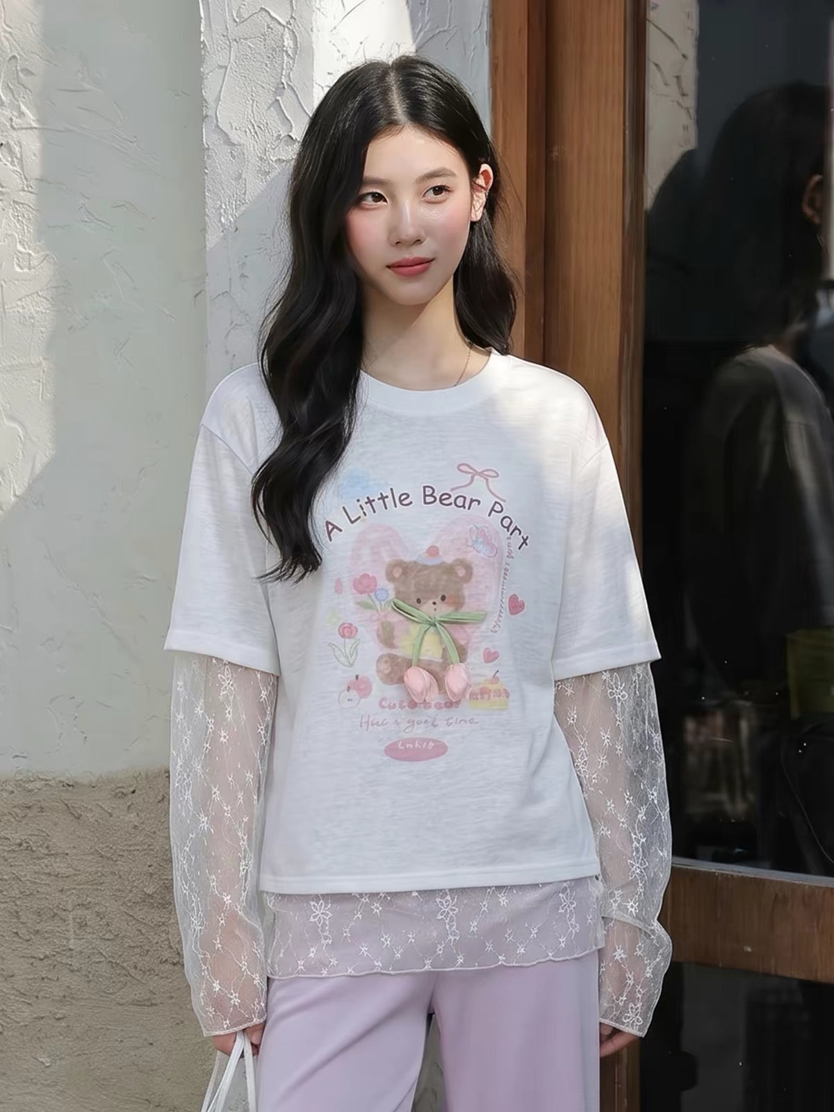 Bear Print Lace Sleeve Tee