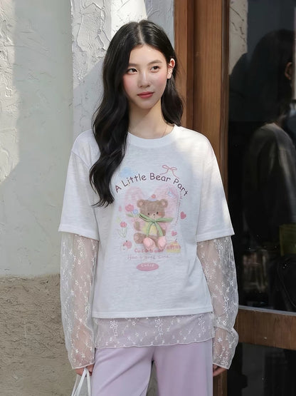 Bear Print Lace Sleeve Tee