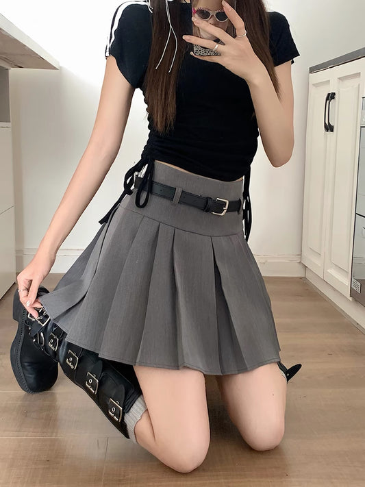 Classic High Waist Pleated Skirt with Belt