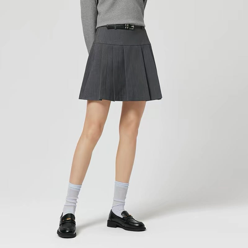 Classic High Waist Pleated Skirt with Belt