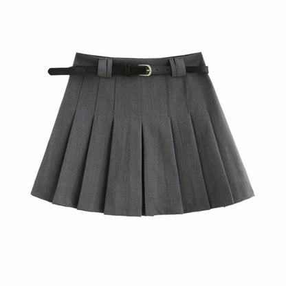Classic High Waist Pleated Skirt with Belt