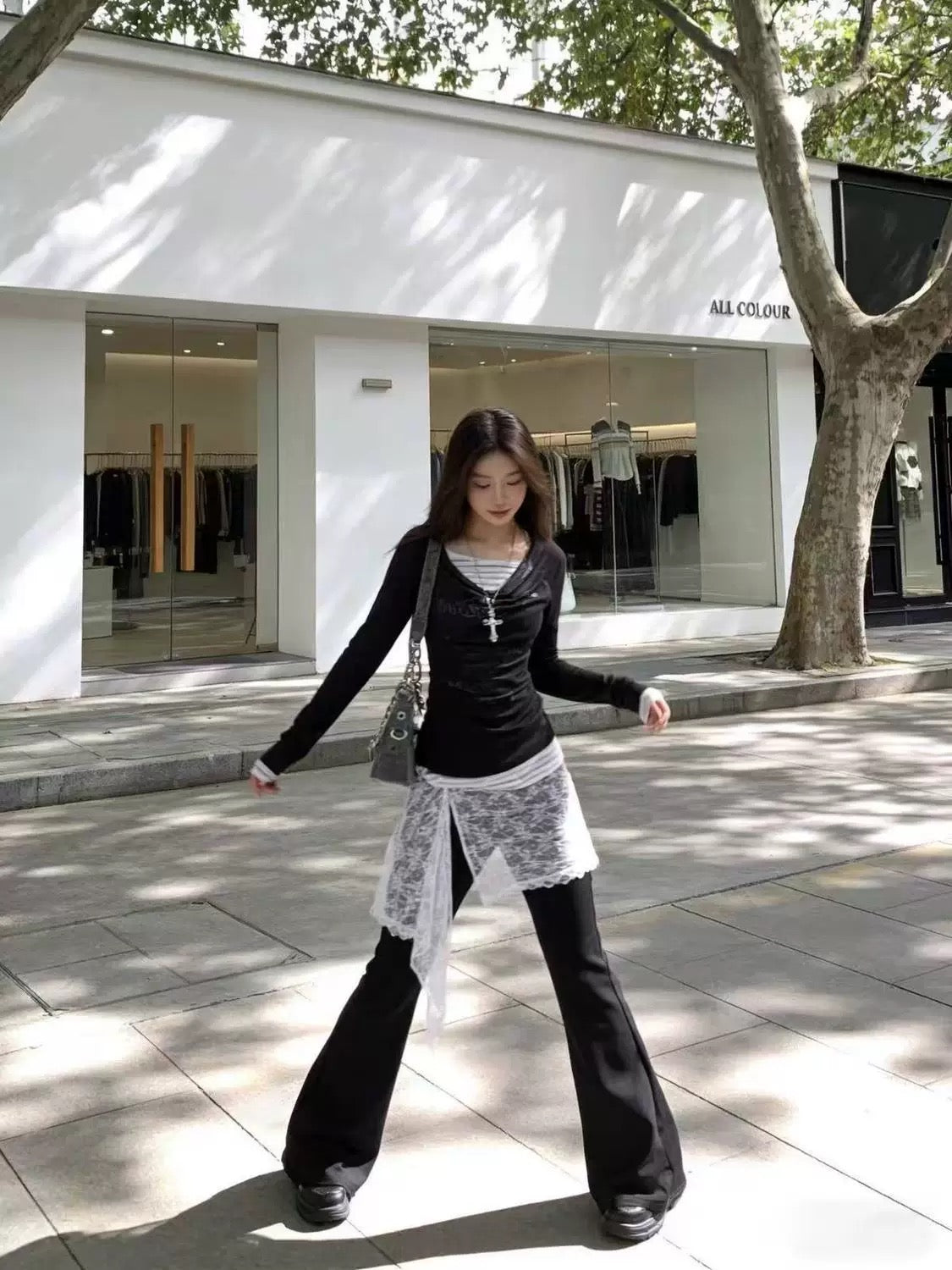 Black Lace Layered Wide Leg Pants
