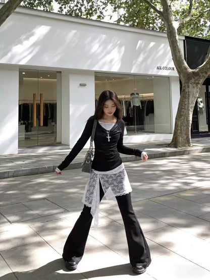 Black Lace Layered Wide Leg Pants
