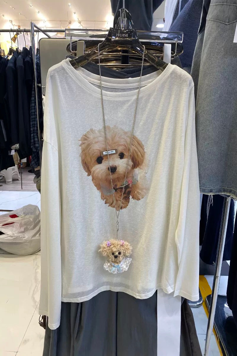 Cozy Puppy Graphic Loose Fit Tee with Necklace