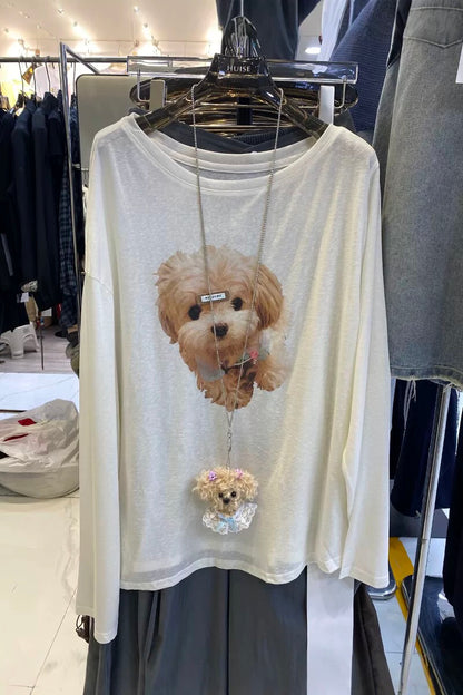 Cozy Puppy Graphic Loose Fit Tee with Necklace